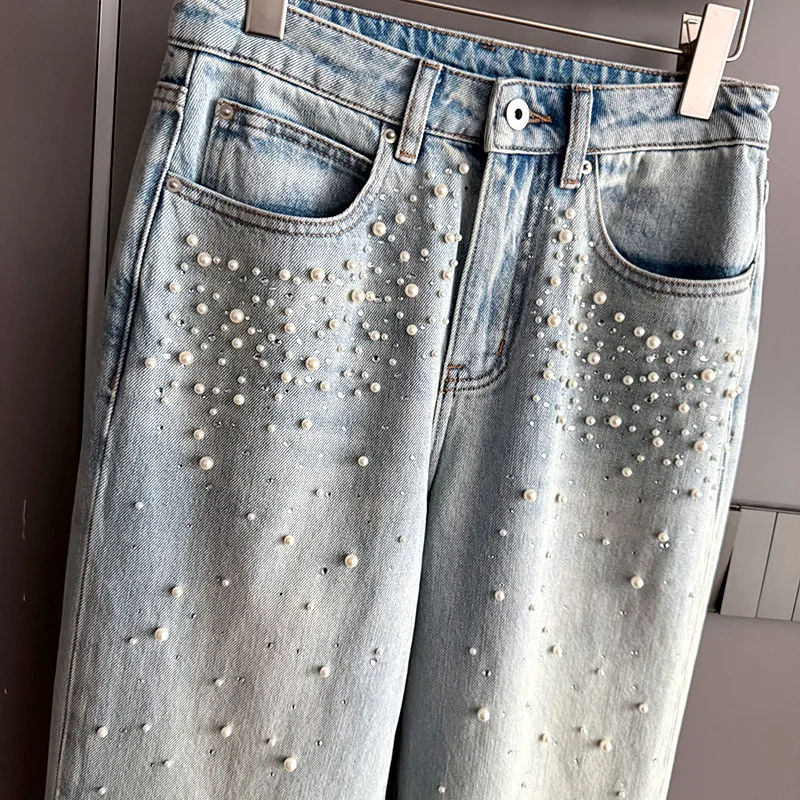 Beaded and drilled designer jeans temperament thin straight jeans women's pants regular waist