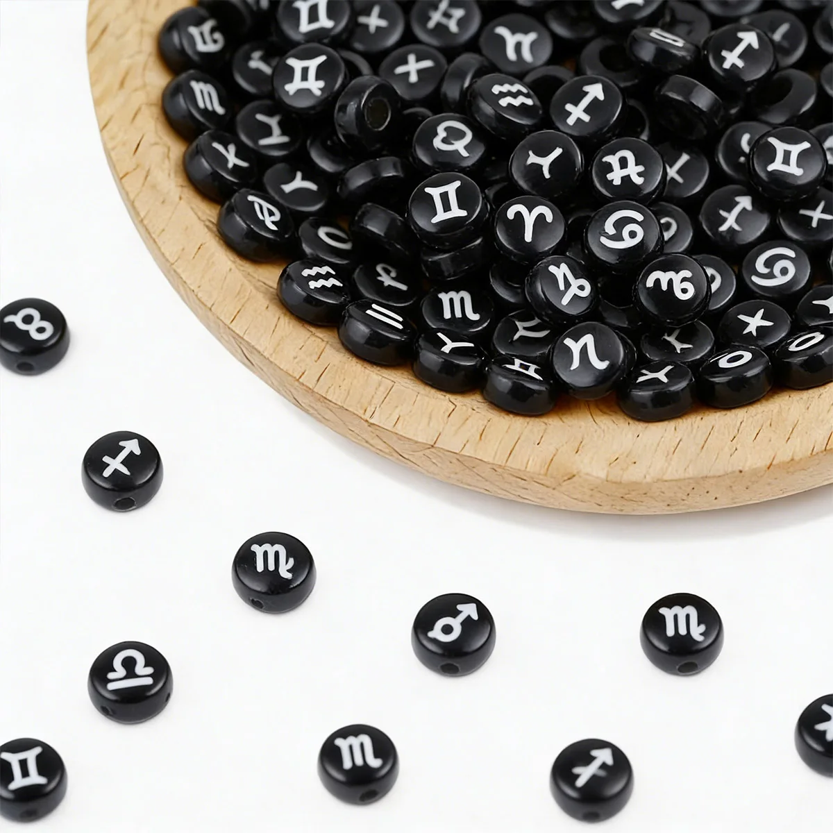 7mm Acrylic Black Background with White Letters Random Zodiac Signs Handmade DIY Suitable for Jewelry Making Beaded Accessories