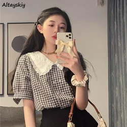 Plaid Shirts Women Peter Pan Collar Sweet Loose Lace Button Retro Puff Short Sleeve Blouses Design French Style Summer Mujer Top