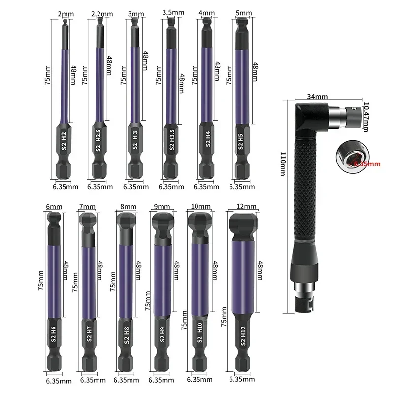 Ball End Hex Bit Set, Ball Head Screwdriver Bit, 1/4 Inch Hex Shank, Magnetic Allen Wrench Drill Bits, 75mm, 12Pcs, 13Pcs