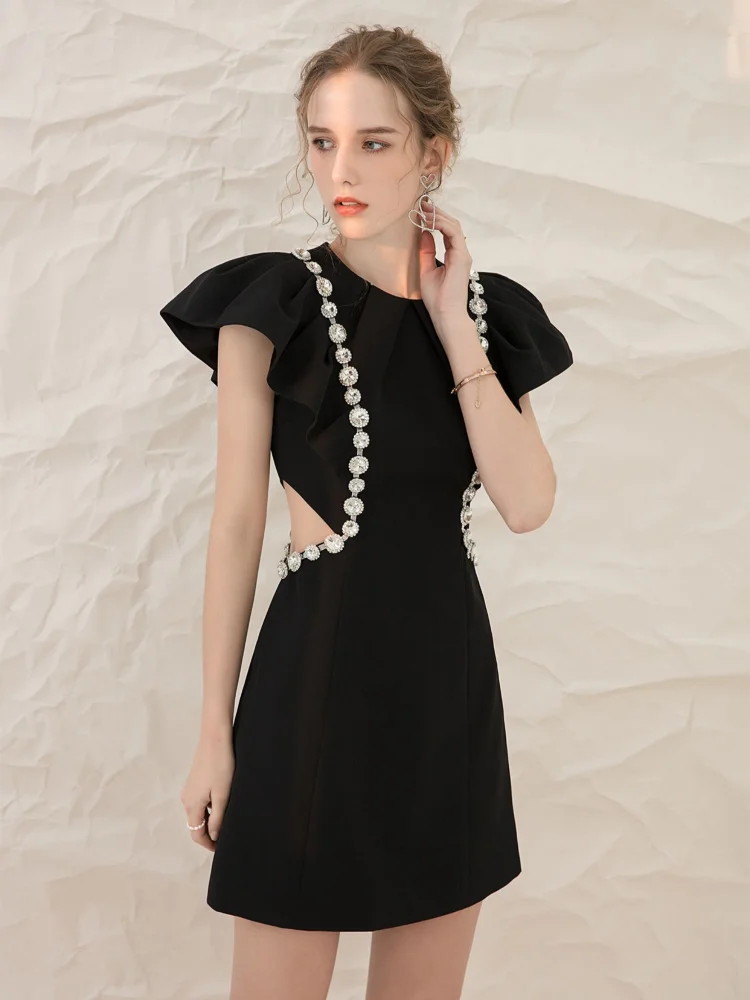 French Elegant Black Evening Dress round Neck Petals Sleeve Diamond Hollow Out High Waist Slim Sexy Sheath Short Dresses Women