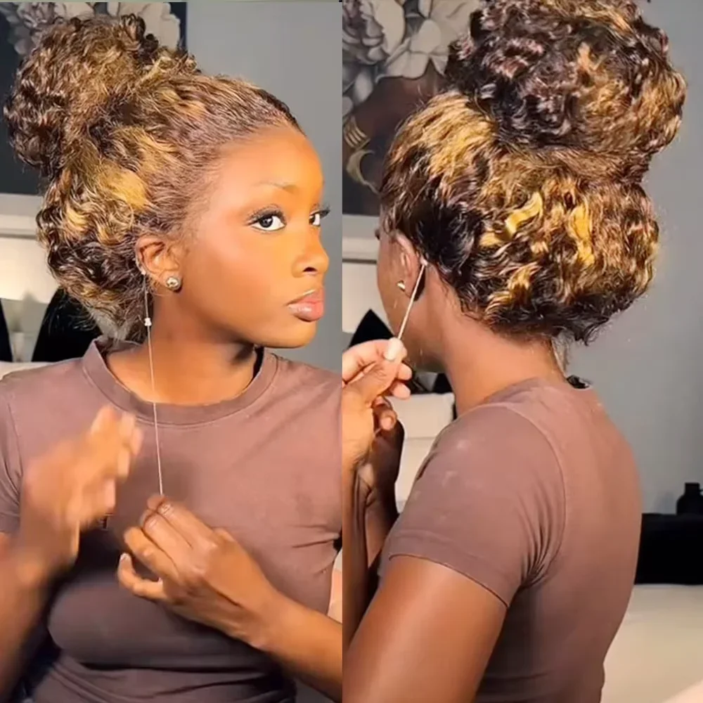 

4/27 Curly Highlight Wig Human Hair Preplucked 360 Full Lace Front Wig HD Human Hair Ready to Wear Deep Wave Human Wig for Women