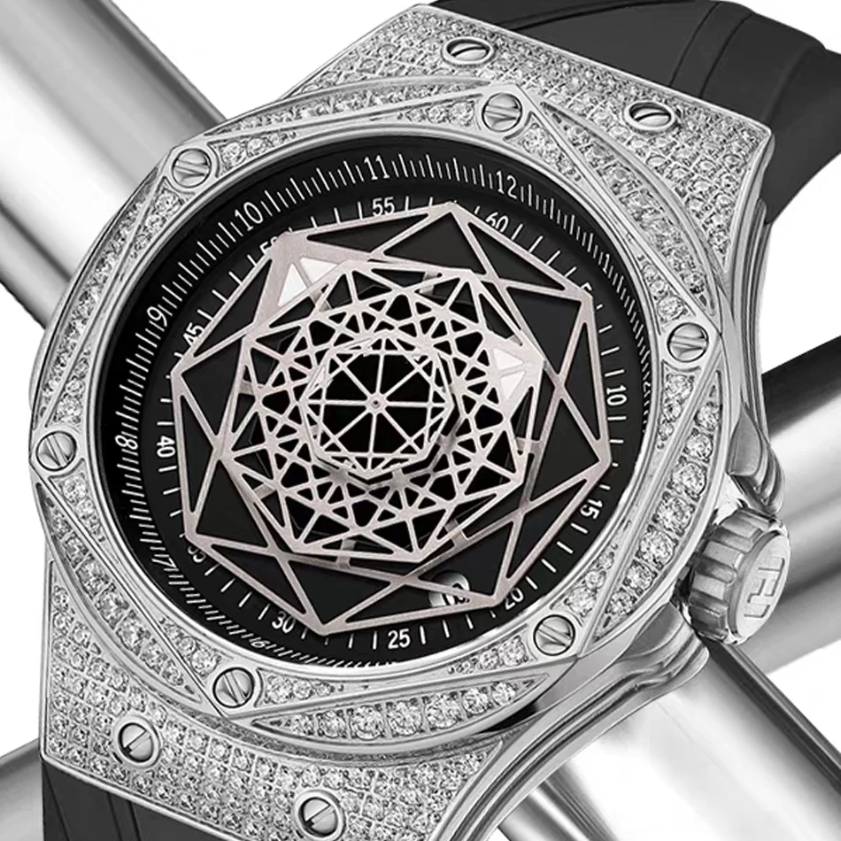 أعلى العلامة التجارية ساعة كوارتز رجالية Tonneau الهيكل العظمي الميكانيكية تصميم 30 متر مقاوم للماء الماس التفاصيل ساعة اليد Hombre الساعات العصرية