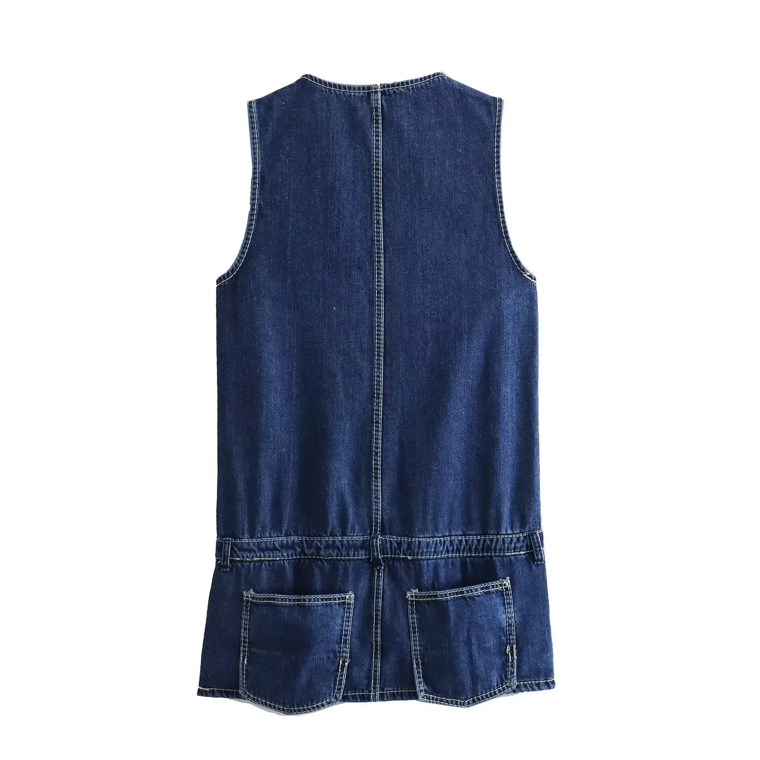 Combinaison courte en denim à col en V pour femmes, mode unique, décoration de couture, décontracté, rétro, sans manches, poche