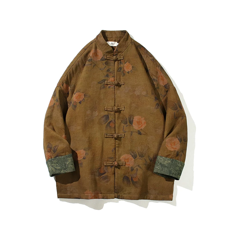 

Spring Autumn Cotton Linen Print Tang Suit Jaet Men's Casual Large Size Zhongan Coat Button Hanfu Trendy Waed Long Sve
