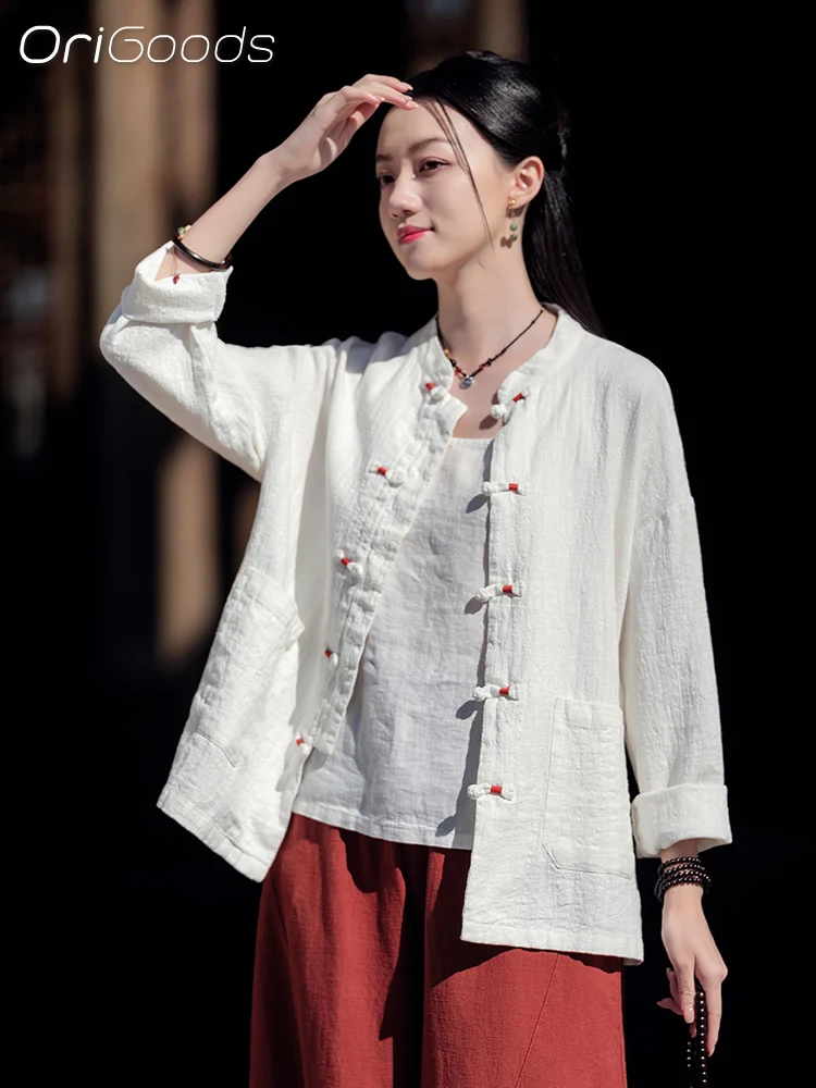 

OriGoods 2024 Spring New Coat Women Traditonal Chinese style Long Sleeve Shirt Ramie Cotton Loose Liziqi Style Clothes C021