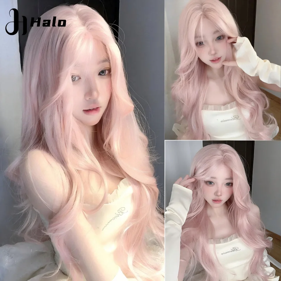 Halo Pink Synthetic Long Wavy Wig Hair Wire Center Split Wig Cosplay Daily Wear Role-playing Daily Natural Smooth Wig