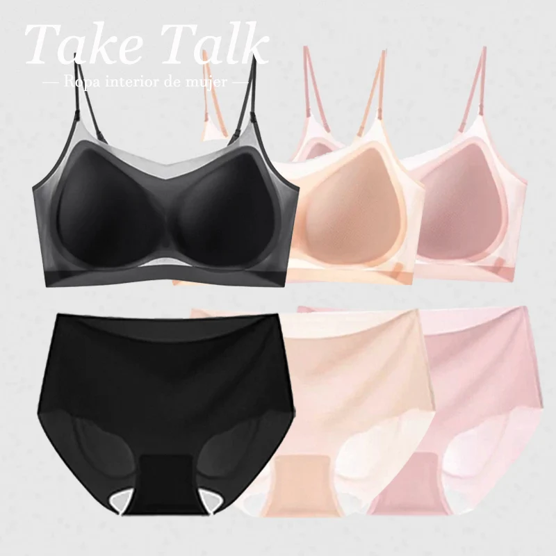 Women Ice Silk Ultra Thin Bras Set Breathable Halter Vest Female Solid Color Camisole Seamless High Waist Briefs Women's Bras