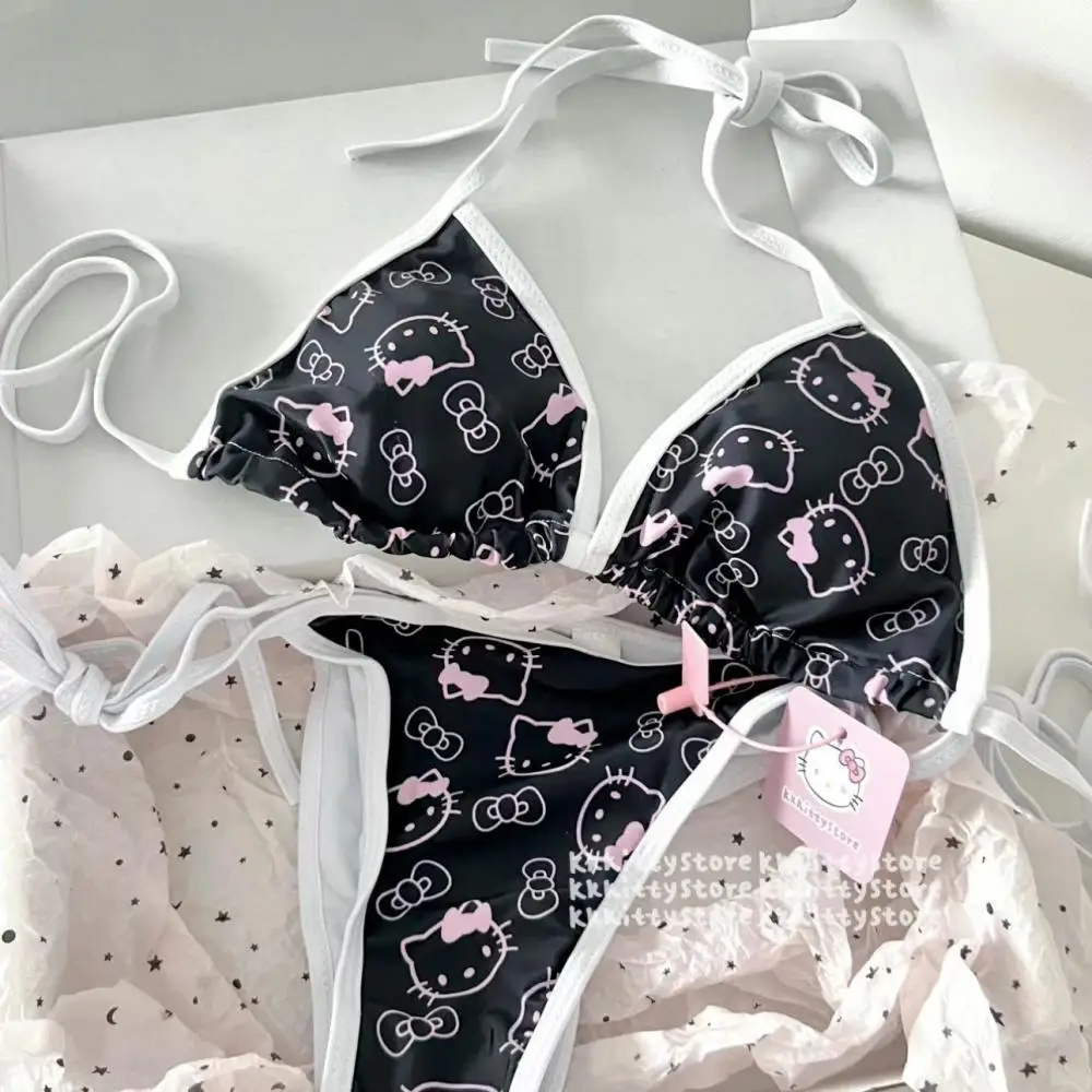 

Anime Kawaii Hello Kitty Sexy Bikini Swimsuit Sanrio Kuromi Bra Women Dopamine Hot Girls Hanging Neck Lace Up Cartoon Seaside