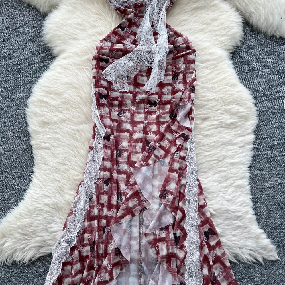 Chic vintage Sexy stampa in pizzo diviso sottile Elegante Fata Estate moda coreana Boho Vestito estivo abbigliamento donna Abito lungo