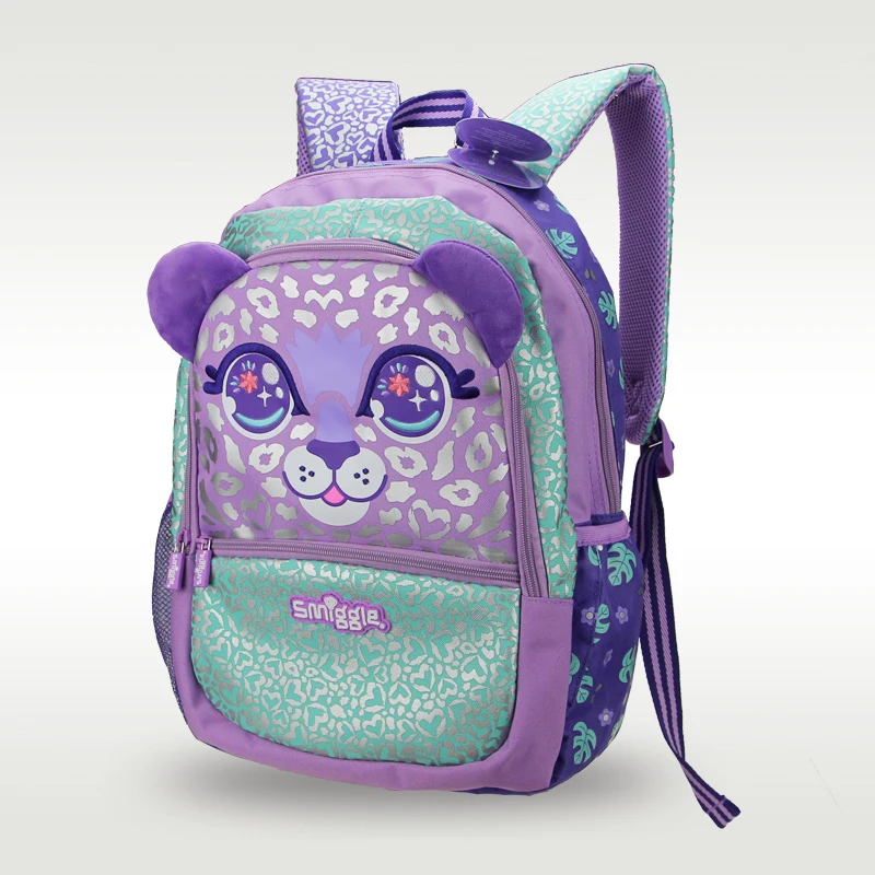 Smiggle, superventas Original, bolso escolar para niños, mochila de hombro para niñas, bolso dulce de leopardo lindo púrpura de 7 a 12 años y 16 pulgadas