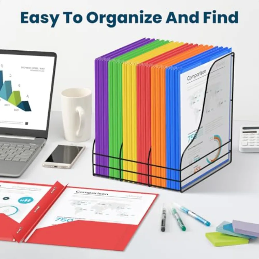 48 عبوة من مجلدات الجيب مع 3 شوكات من البلاستيك السائبة مع جيب أمامي شفاف في 6 ألوان مجلد ملفات شديد التحمل مع Fas