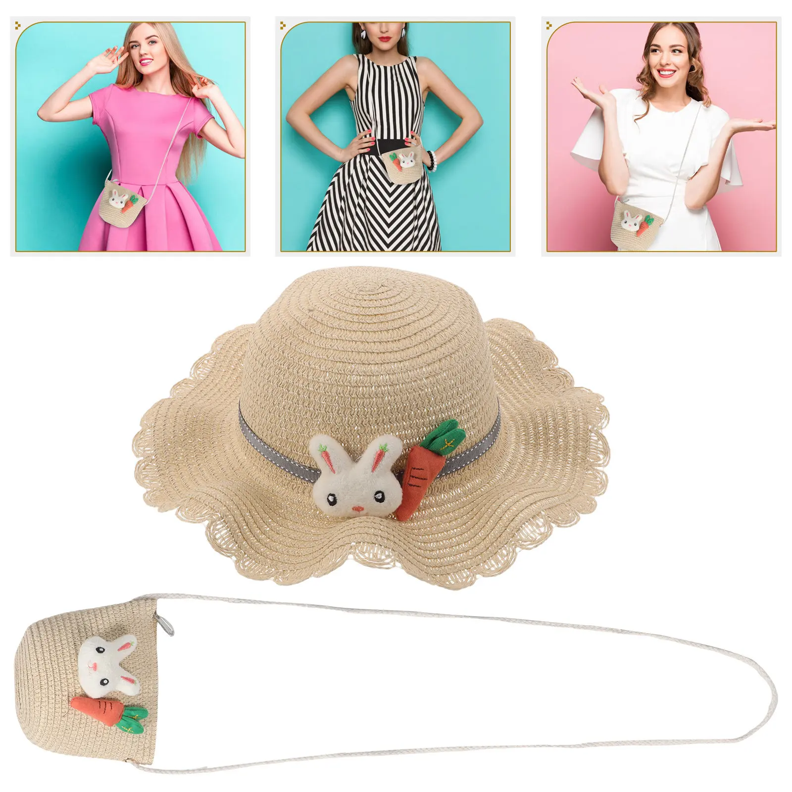 1 juego de sombreros de sol para niños: un encantador sombrero de paja con forma de conejito y zanahoria, con ala ondulada y protección UV, y un bolso cruzado de tela a juego, ideal para el verano.