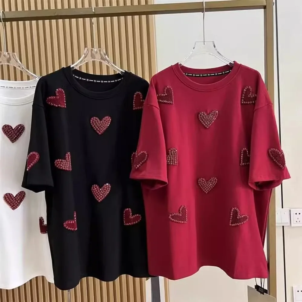 Plus Size 3D Love Towel Embroidery Women T-shirts 150kg XL-4XL Stamping Diamonds Female Tee 2024 Summer New Short Sleeve Top Y2k