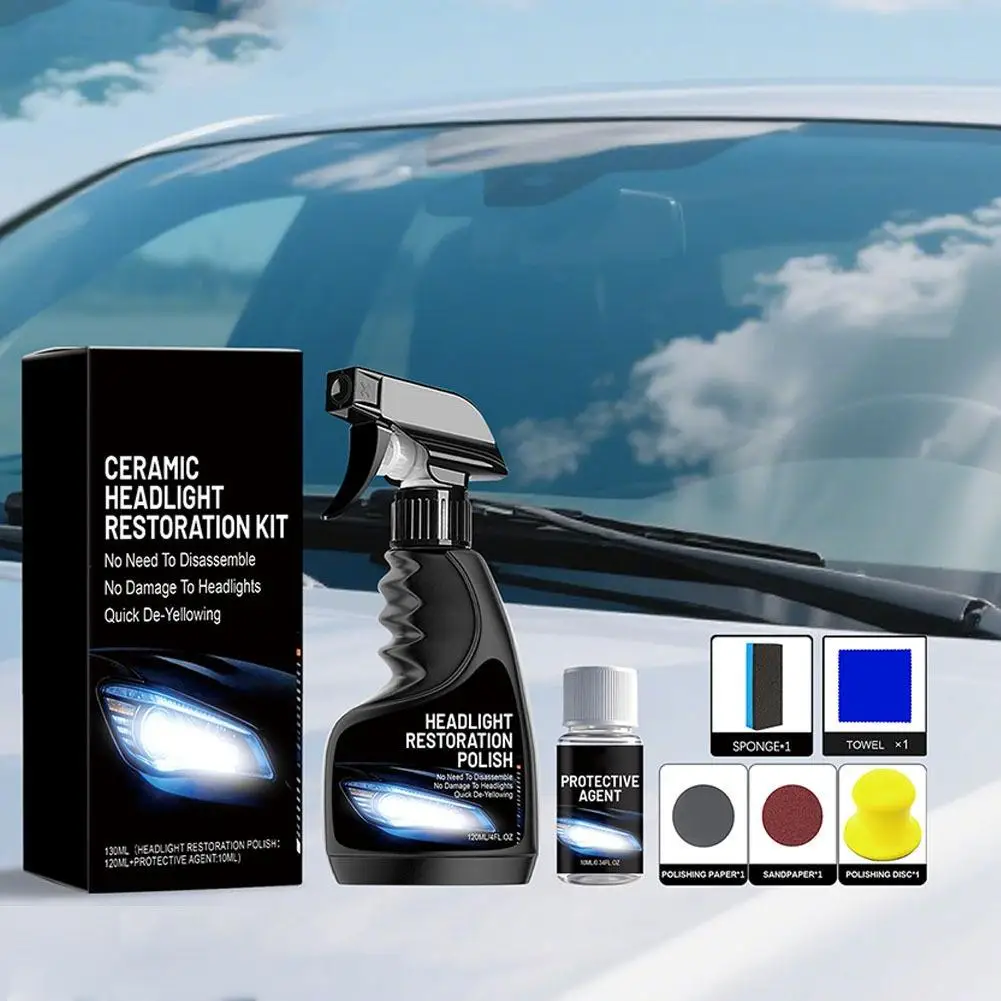 

Brightening Headlight Restoration Care Kit Stain Removal UV Protection Car Lens Cleaner Sponge Towel Headlight Restoration Kit