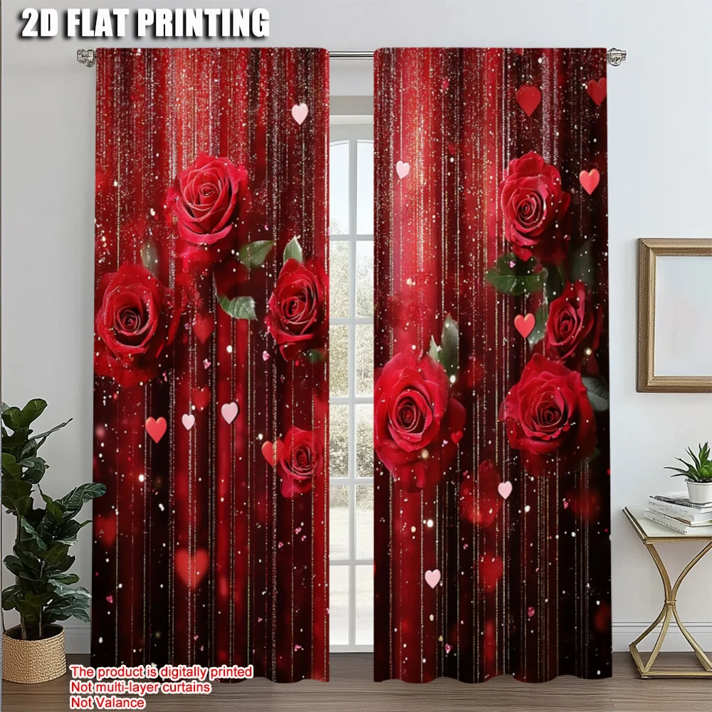2pcs, Minimalist Curtains 2D plane printing Red Rose & Heart Durable Polyester (without rod) Decorations Inside Use for Bedroom,