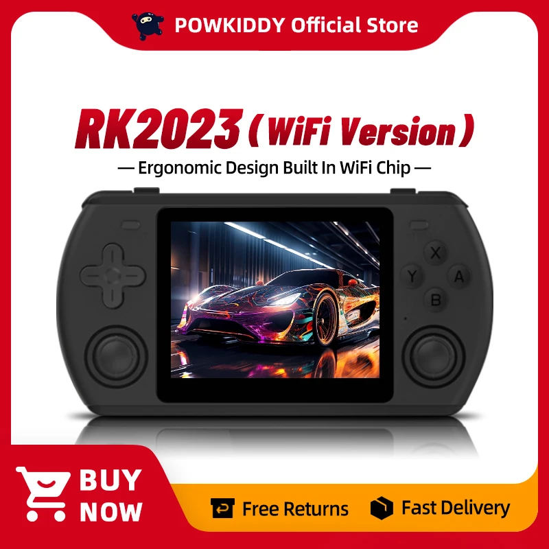 Powkiddy RK2023 versione WIFI Pure Black Retro Console per videogiochi portatile 3.5 pollici 4:3 schermo IPS RK3566 Chip regalo per bambini