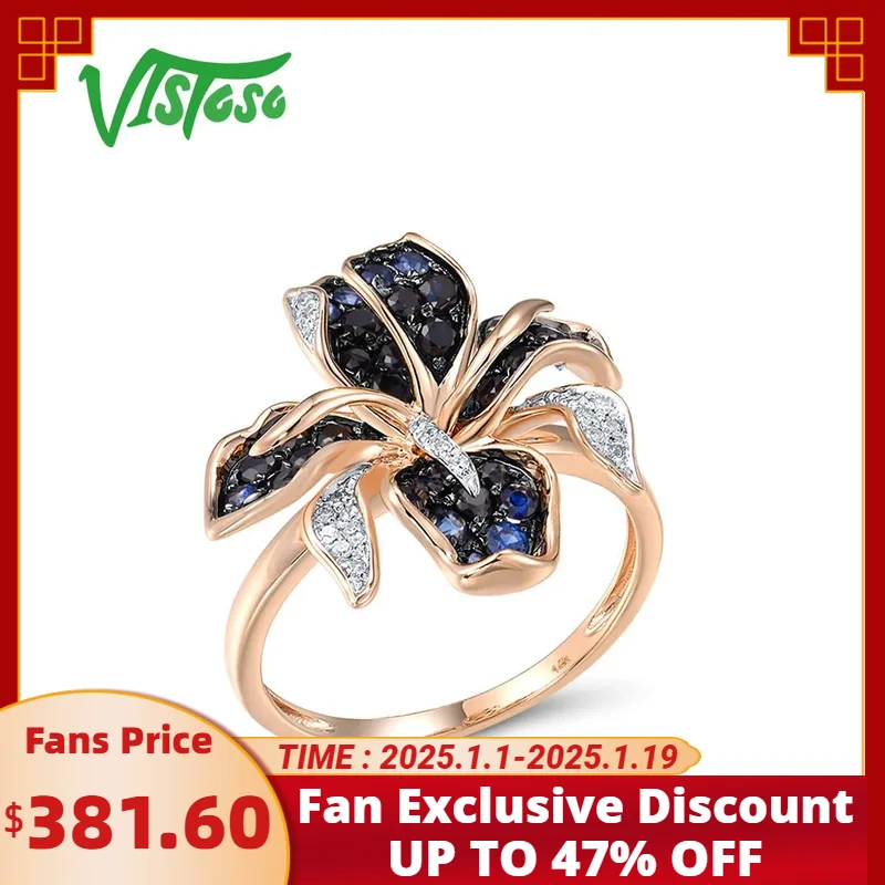 VISTOSO Genuine 14K 585 Rose Gold Rings For Women Sparkling Blue Sapphire Diamond Lily Flower Rings Delicate Trendy Fine Jewelry