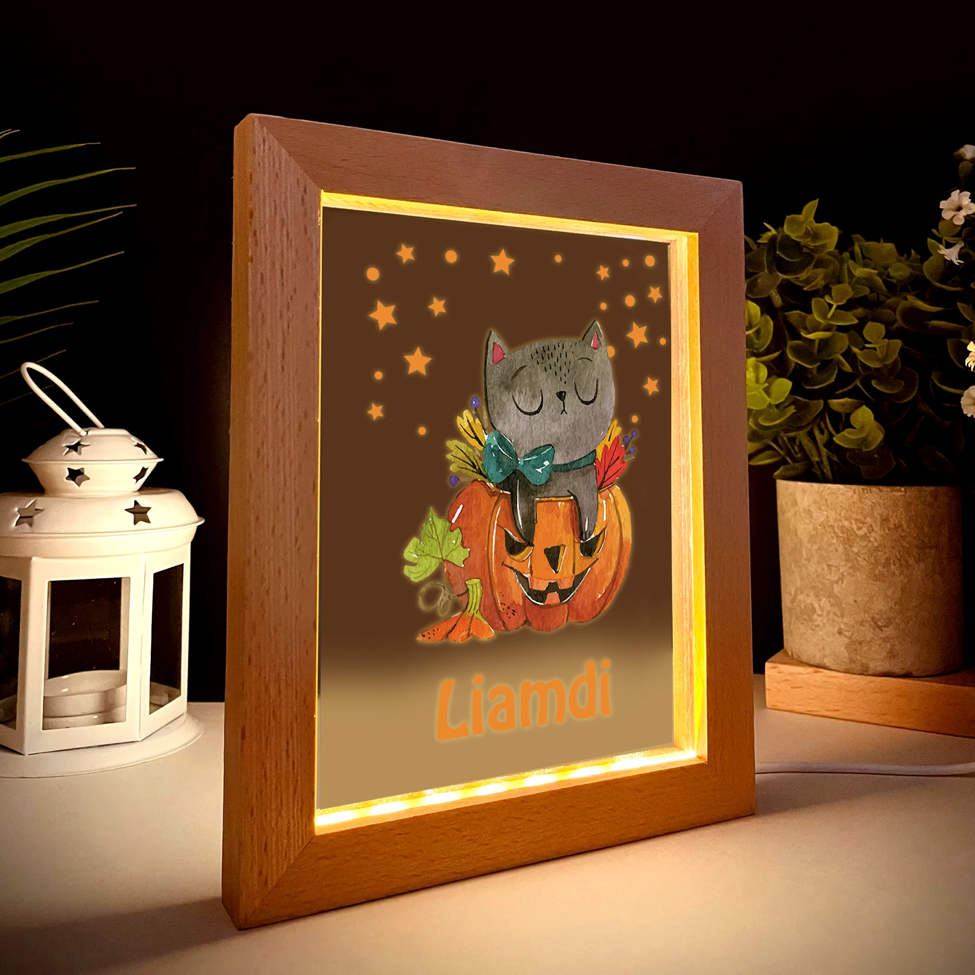 2D شقة مخصصة اسم القط الرعب اليقطين LED الاكريليك ضوء الليل إطار صور خشبي 21x17 سنتيمتر هالوين غرفة نوم هدية ديكور المنزل #2