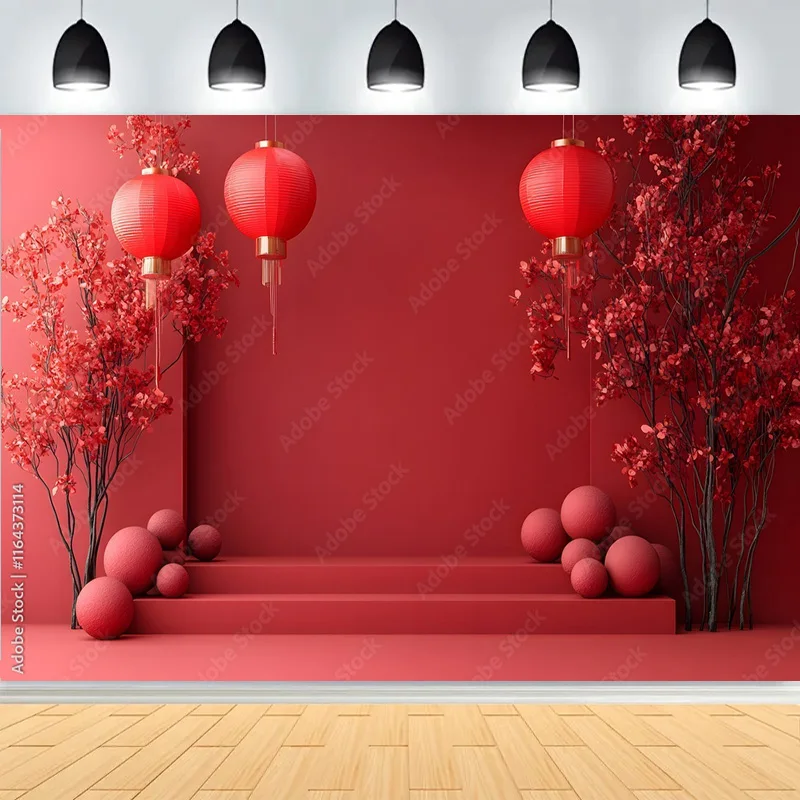 Элегантный китайский новогодний декор фотографии фонов красные фонарики цветы украшенные весенним праздничным фото фон DL-04