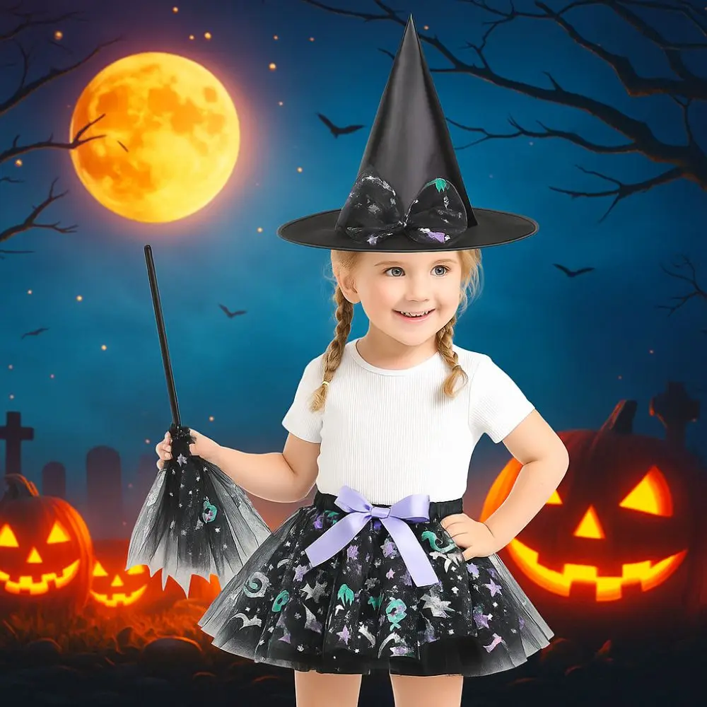 3Pcs/set Wizard Childern Halloween Costumes Pointy Hat Broom Kids Witch Dress Set Short Skirt Costume Cosplay Props