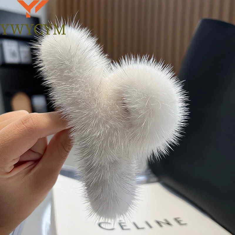 Real Mink Fur Barrettes Winter Fluffy Hair Claw Elegant Acrylic Hairpins Clip Crab Headwear for Women Girls Hair Accessories