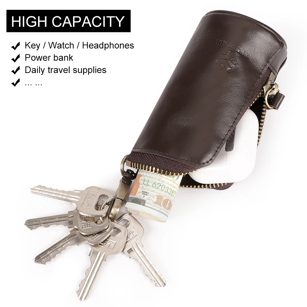 Vintage Genuine Leather Key Case Coin Purse Multifunctional Zip Key Holder Wallet with Key Ring & Hook to Organize Keys & Coins
