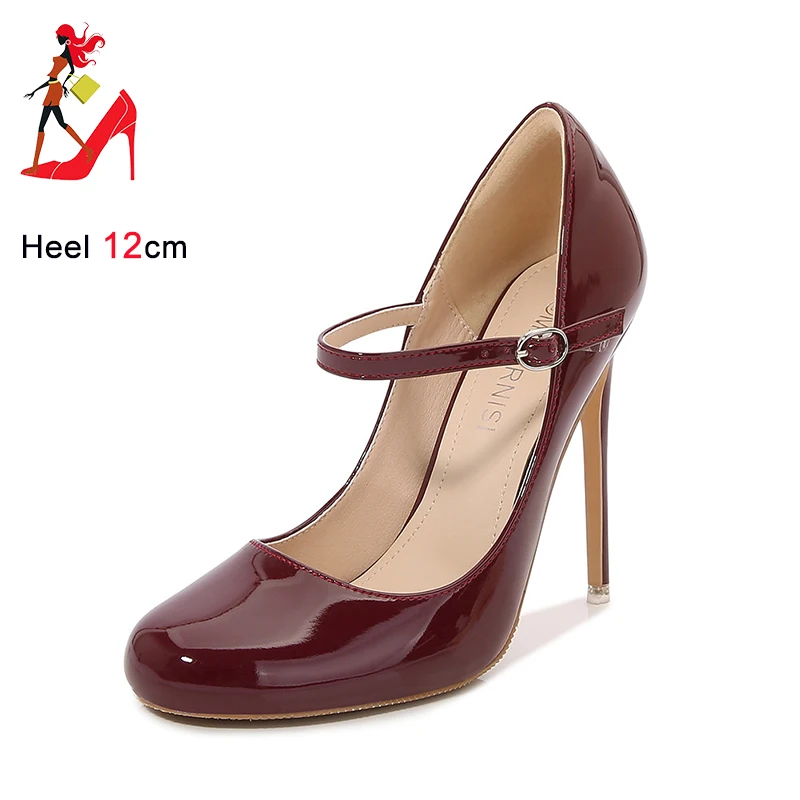 12CM Buckle Women Pumps Big Size PU Leather Office Black Shoes Round Toe Stiletto Heels Spring Autumn Party Dress Shoes For Lady