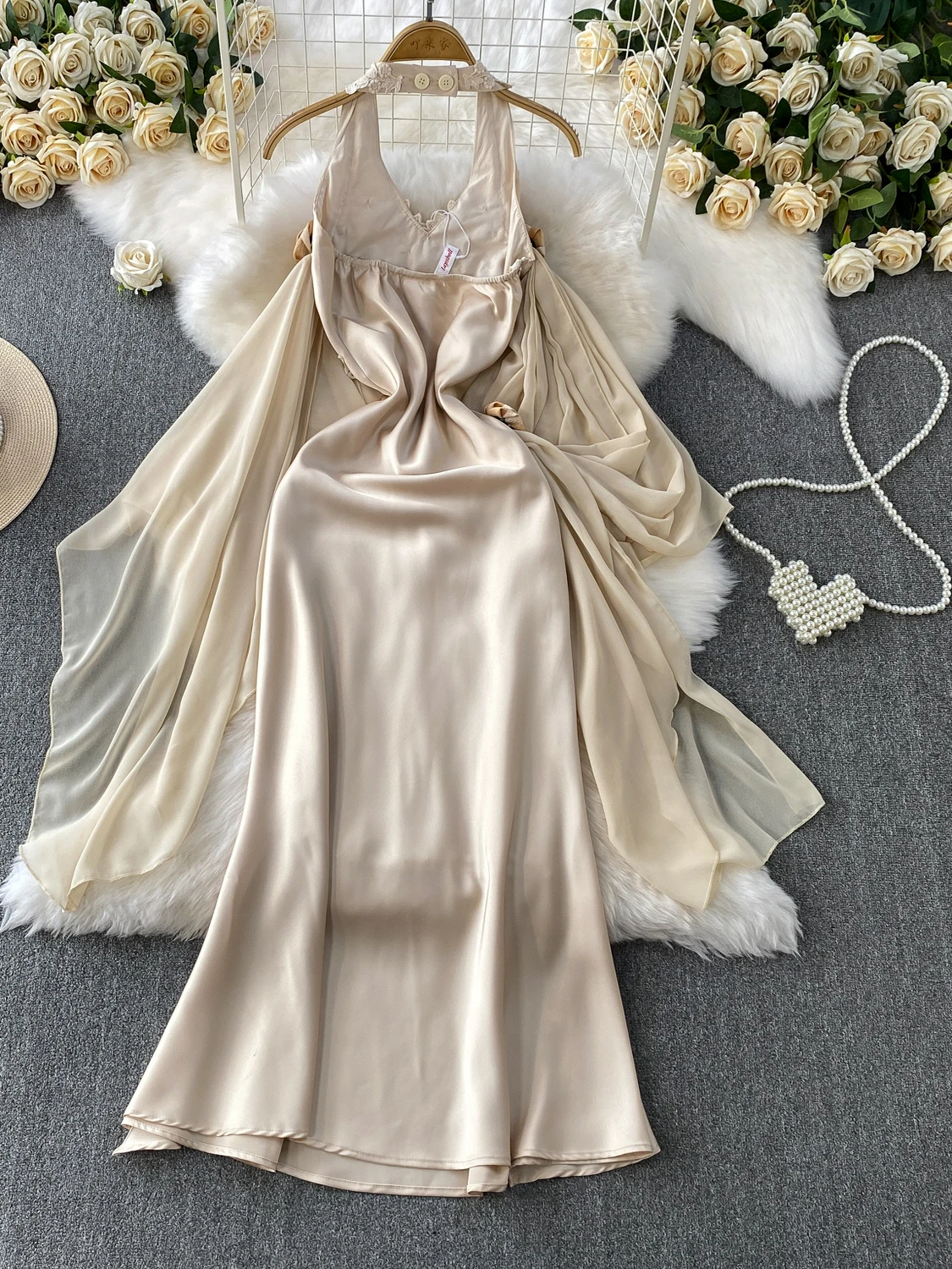 우아한 3D 플로럴 레이스 헤비 자수 V넥 모닝 로브 드레스 여성 여름 고급 새틴 드레스 한국 스타일 A라인 스커트