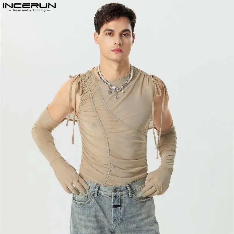 2023 Men T Shirt Mesh Transparent Lace Up Pleated Irregular Tee Tops Streetwear Solid Off Shoulder Long Sleeve Camsietas INCERUN