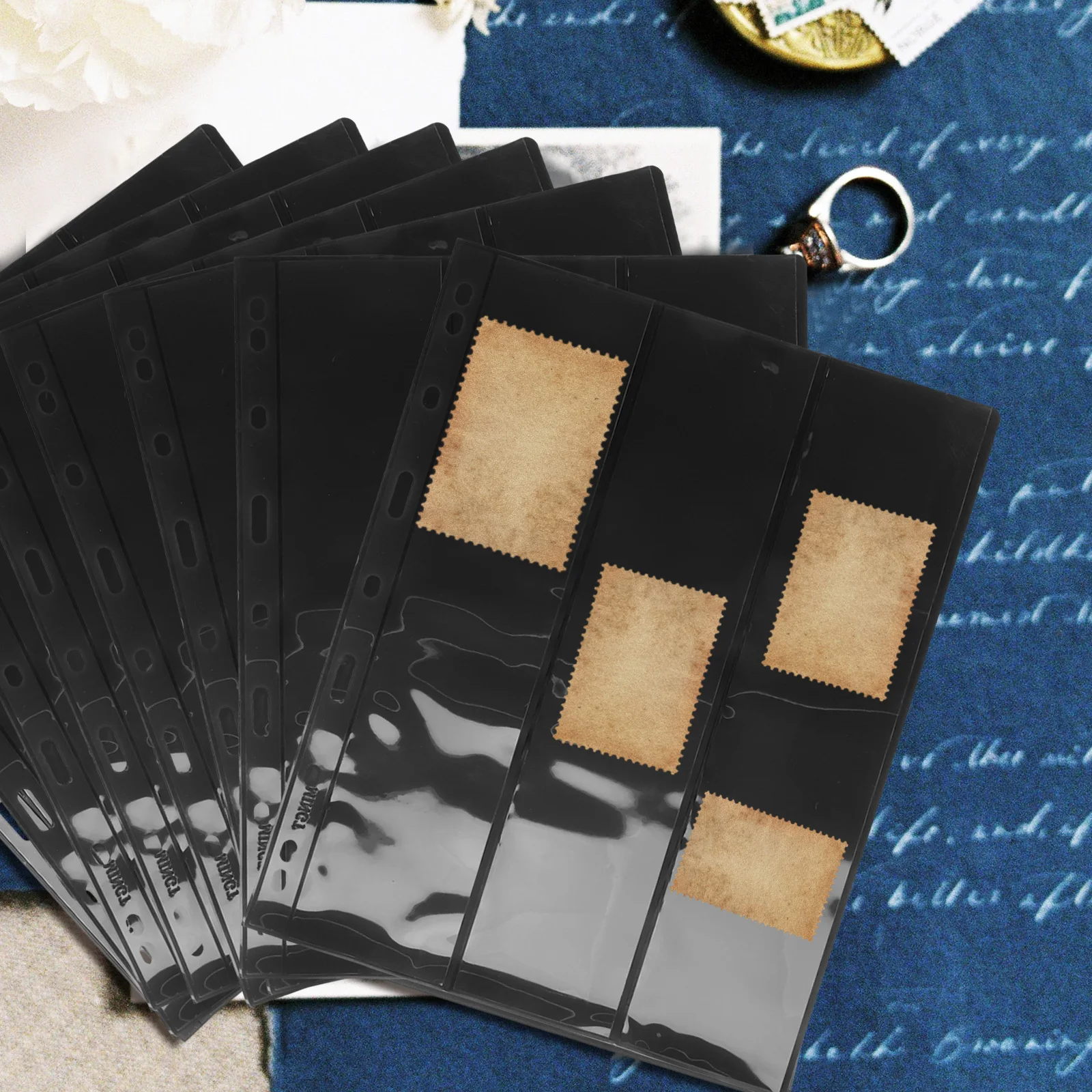 10pcs Album Pages Black Background 3-Slot Pet Sleeves For Stamp Collecting Organizing Display Stamp Storage Sheet Scrapbook