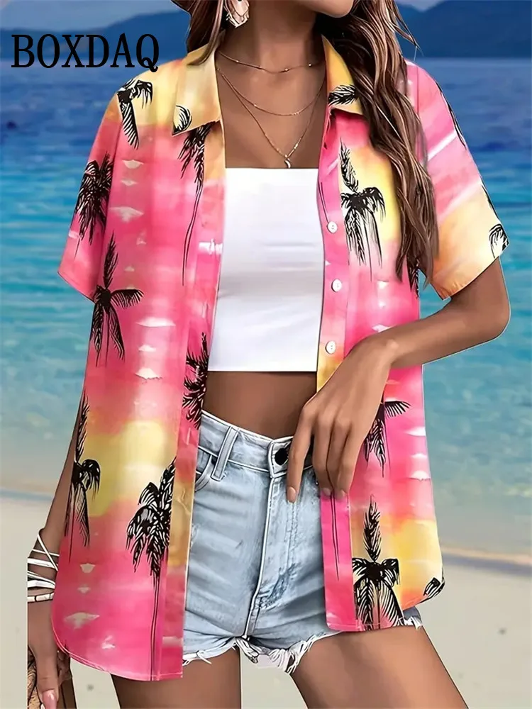 

Summer Fashion Women Blouse Hawaiian Coconut Tree Print Short Sleeve Lapel Casual Button Shirt Tops Women's Beach Hawaiian Shirt