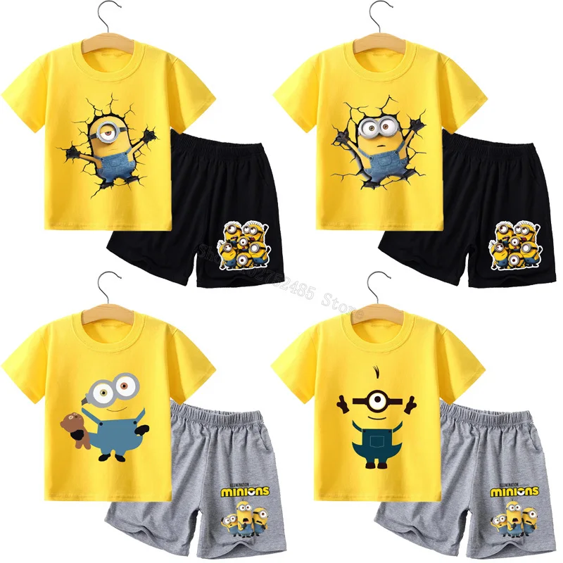 Minionses Children T-shirt Shorts 2-pieces Set Yellow Tops Pants Tracksuit Despicabled Me 4 Cartoon Figure Print Kawaii for Kids