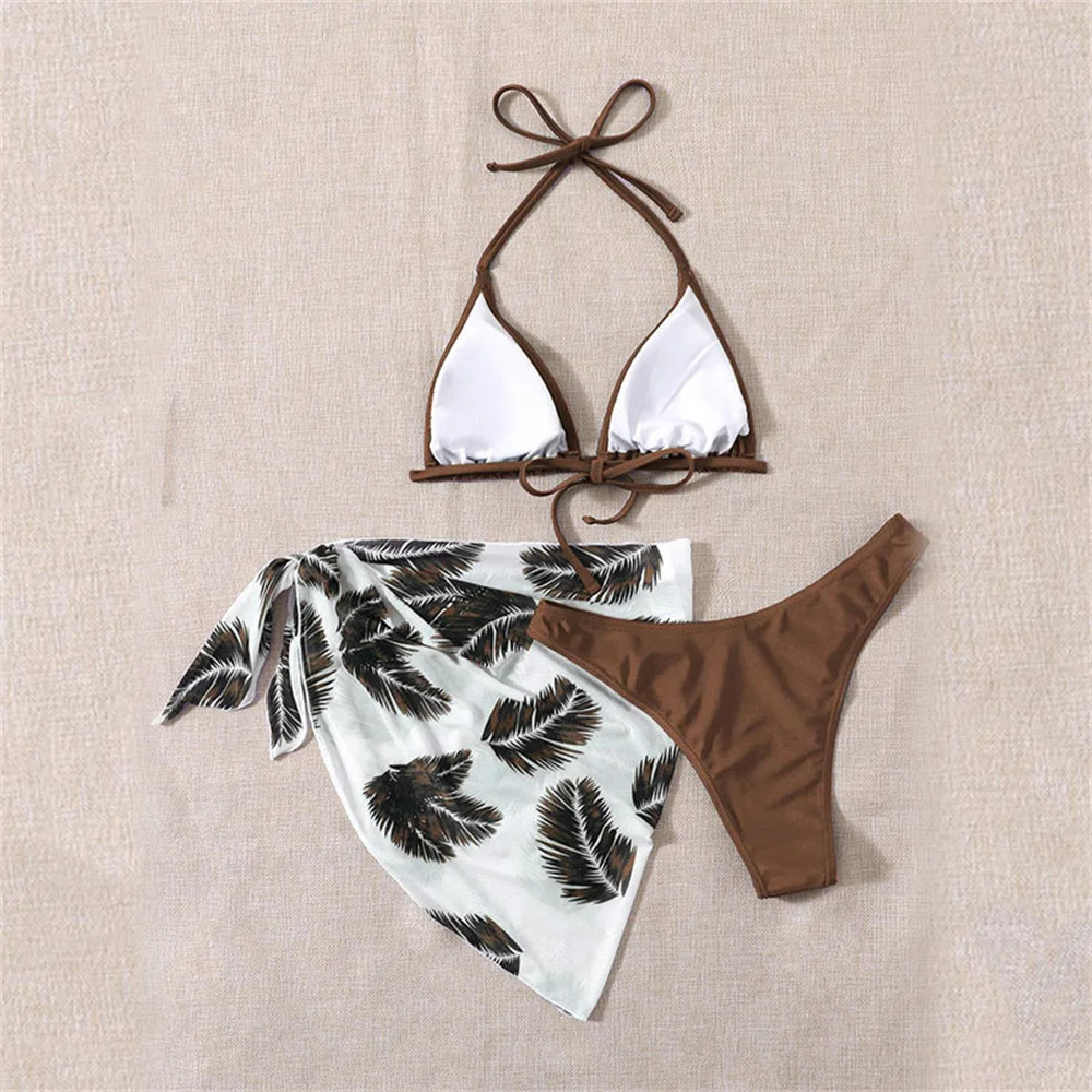 Brazil Print Bikinis Sets Swimsuit Halter String Triangle Swimwear 3 Pieces Skirt Cover-up Women Micro Thong Beach Bathing Suits