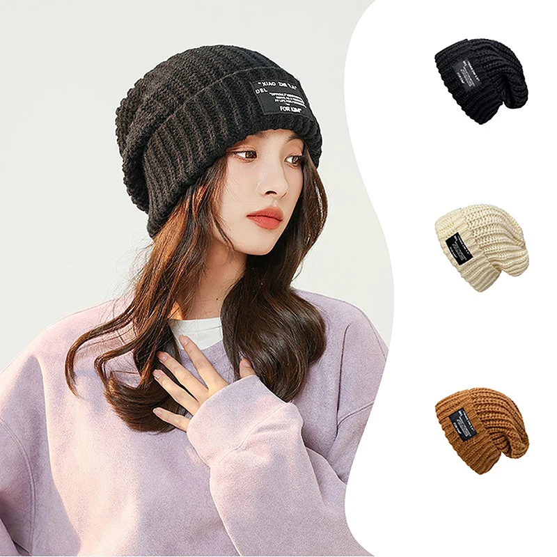 

Korean Warm Knitted Hat Solid Color Windproof Woolen Hats Women Ski Slouchy Cap Skull Warm Knitted Beanies Hat