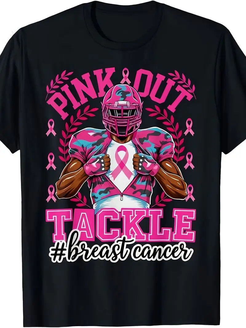 Men's Unisex Plus-Size Breast Cancer Awareness Football T-Shirt Pink Ribbon Tackle Player Graphic Pink Out Event 0X-5X Cotton