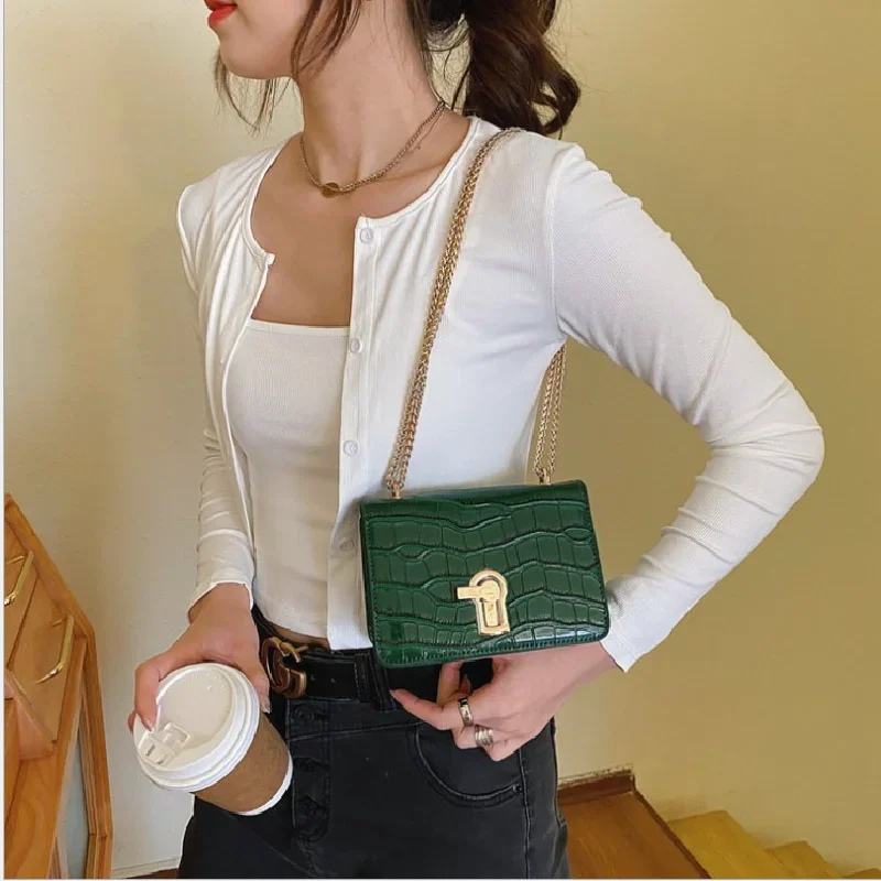 Metal Chain Crossbody Bag Women Luxury Design Crocodile Pattern Small Square Handbags Female Shoulder Bag Buckle Messenger Bag