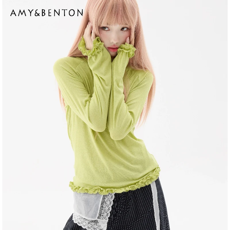 

Японский дизайн, милая женская футболка реглан с рюшами и длинными рукавами, осень 2023, новый свободный повседневный универсальный топ для женщин