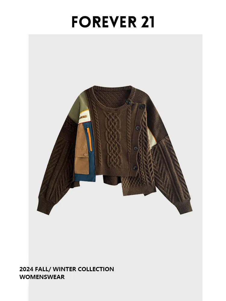 

Forever 2 Vintage Patchwork Knitted Sweater Autumn Winter Multi-Button Color Blo Outerwear Long Sve for Pear aped Women