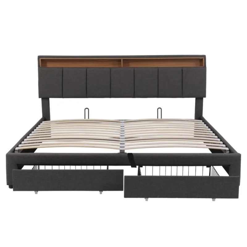 Comanlai, gepolstertes Kingsize-Bett 180x200 cm, modernes, graues Leinen-Doppelbettgestell, Bett mit mehreren Stauraumfächern und Gasfedermechanismus unter dem Bett, ausziehbare Schubladen und