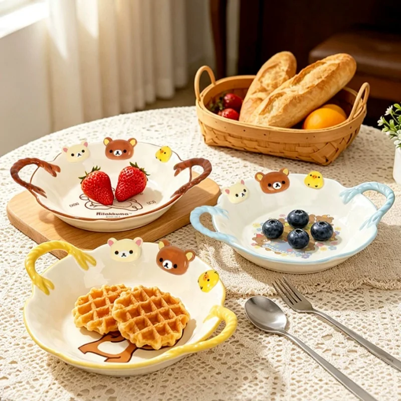 Rilakkuma Double Ear Ceramic Plate Kawaii Aesthetic Salad Dessert Serving Dish Household Dinner Plate Tableware Gift For Women