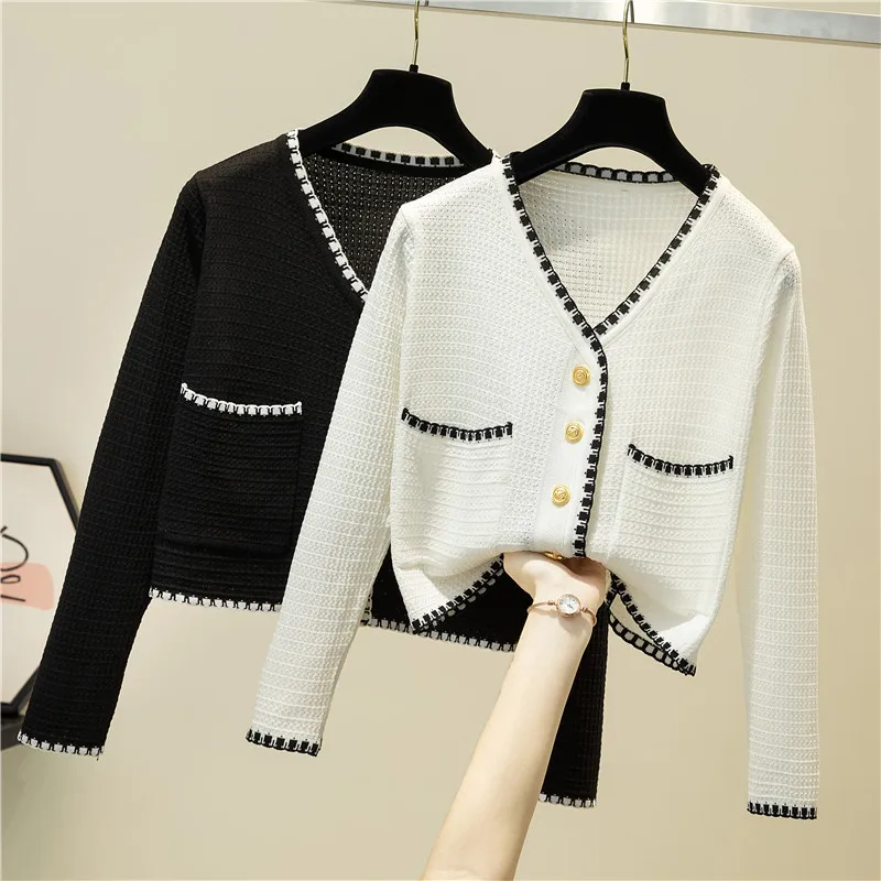 Knitted Sweater Women\'s 2024 Spring Autumn New Slim  V-neck   Long Sleeved Short jacket Trendy All-Matched Single Breasted Top