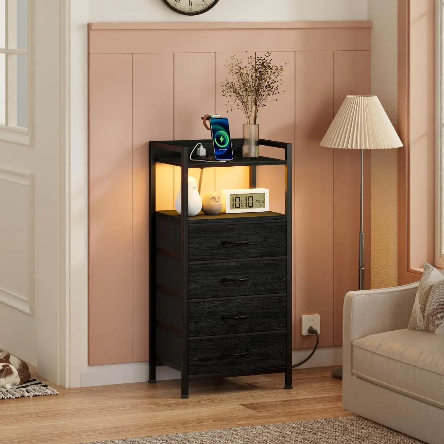 Night Stand with Charging Station, Black Nightstand with Drawers and Led Light, Tall Dresser for Bedroom