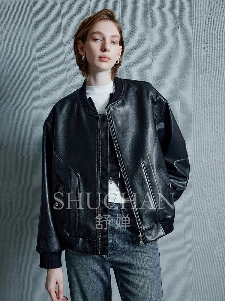 new Brown cowhide, semi-vegetable tanned sheepskin autumn loose leather jacket women's loose2025
