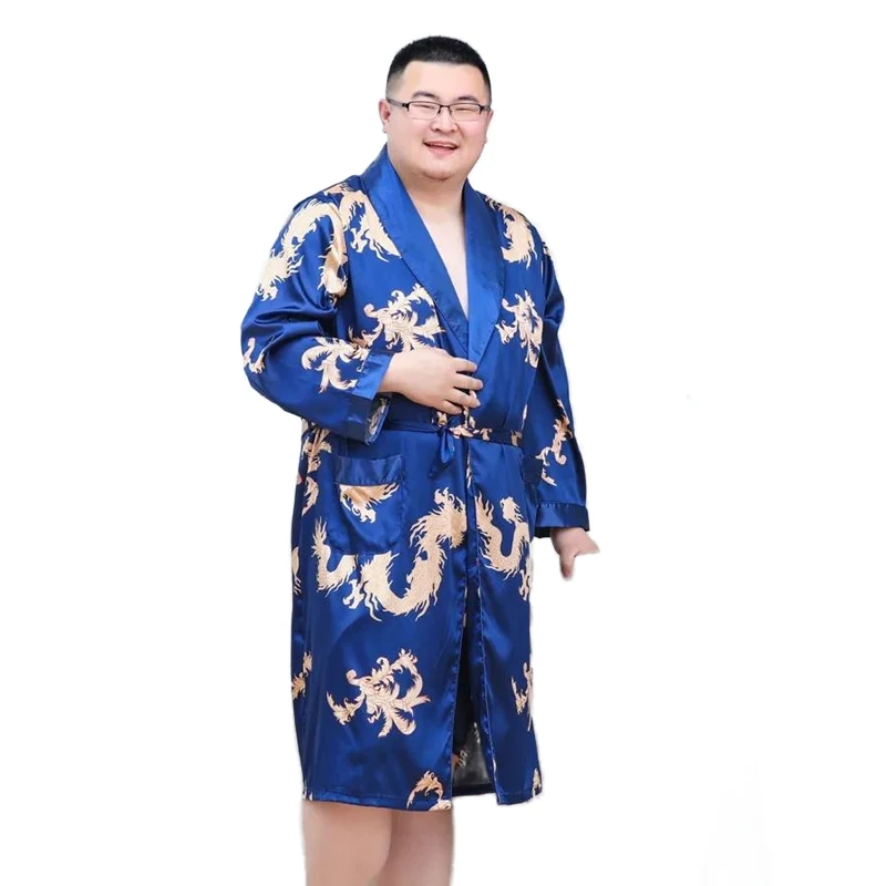 Men Silky Satin Kimono Robe 7XL Long Sleeve Soft Dragon Dressing Gown Bathrobe Sleeprobe Male Lounge Home Wear