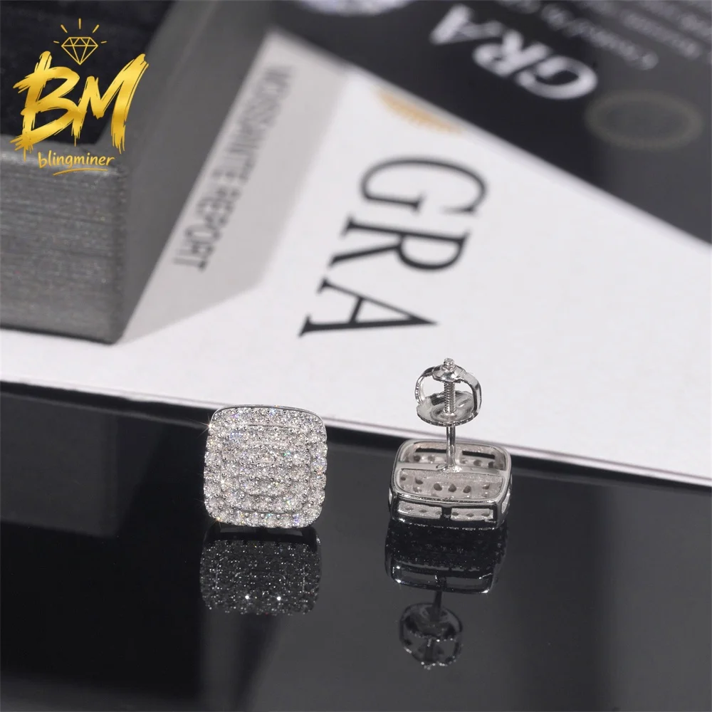 Blingminer 10MM Width Sterling S925 Silver VVS Moissanite Earrings For Men Women Ear Studs Jewelry Pass Diamonds Tester GRA