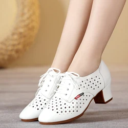 White Modern Dance Shoes Women Hollow Leather Soft Modern Dancing Shoes Woman Square Dance Shoes Sneakers