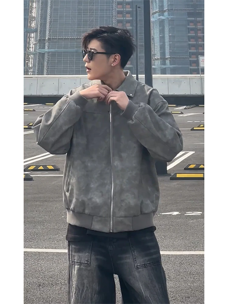 

Retro American Waed Tie Dye Men's Jaet Spring Autumn Hiphop High Street Motorcycle Suede Coat Loose Fit Youth Faion