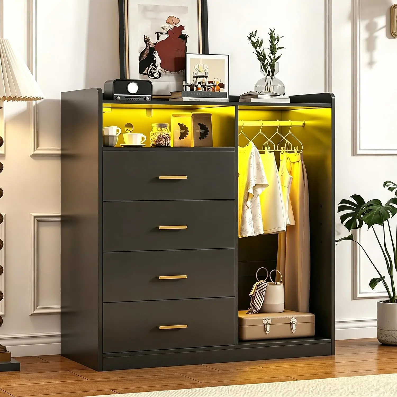 4-Drawer Dresser with Clothes Rack, LED Light, Power Outlet, Shelf, Bedroom Storage, 15.7