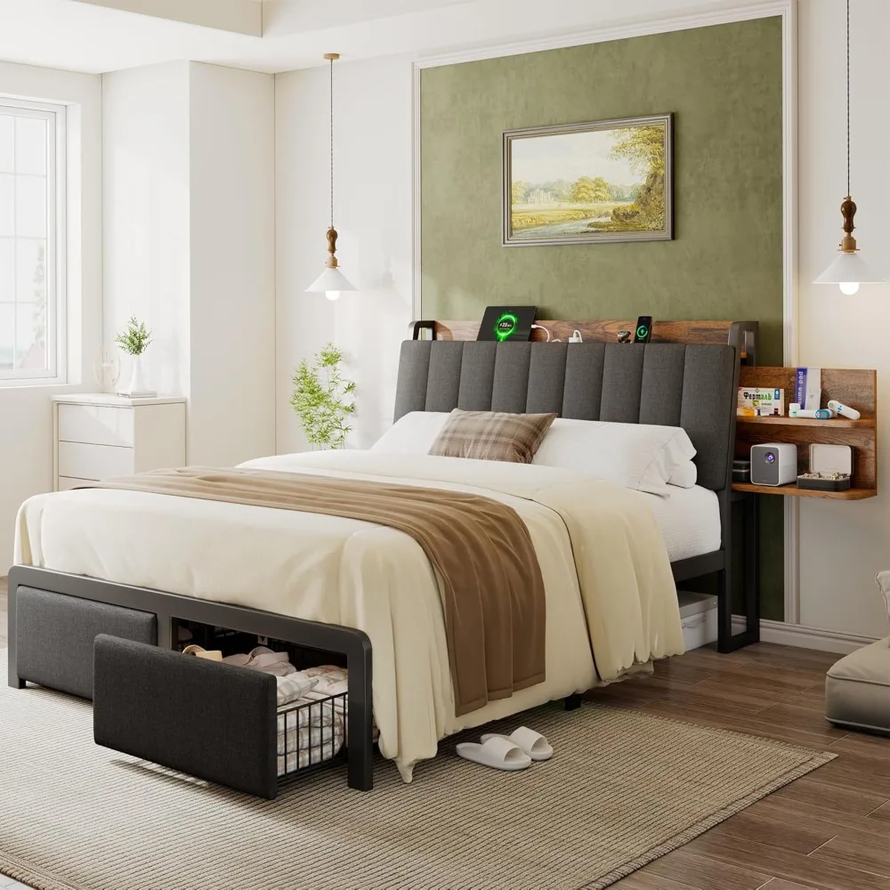 

Queen Size Metal Bed Frame with 2-Tier Hidden Storage & 2 Drawers, Upholstered Platform Bed with Charging Station, Ergonomic Hea